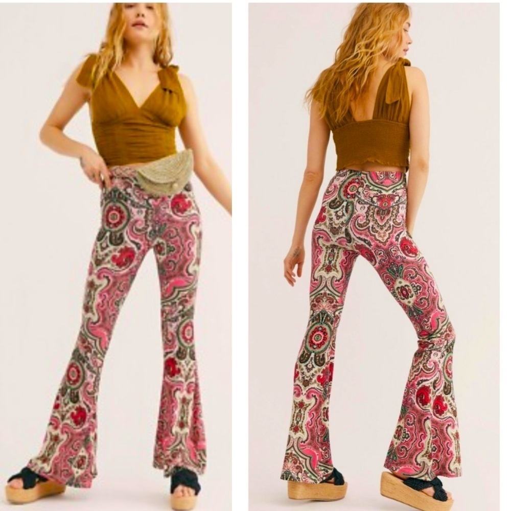 Free People Harper Pink Paisley Pull On Flare Pants Stretch Elastic Waist SZ XS